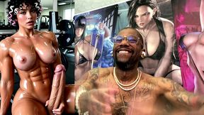 sweaty buff ass beef cake transgender girl jerking off and cumming all over herself at the gym, ai generated