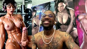 sweaty buff ass beef cake transgender girl jerking off and cumming all over herself at the gym, ai generated