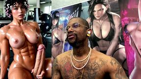 sweaty buff ass beef cake transgender girl jerking off and cumming all over herself at the gym, ai generated
