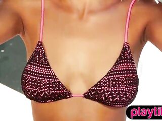 Busty petite charming ebony chick undresses nude by the pool outdoors