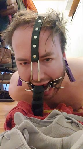 Selfbondage torture slave with nipple clamps trains blowjob skills and sniffing shoes