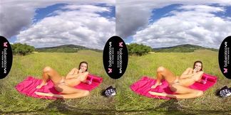 Solo girl, Vanessa Decker masturbates outdoors, in VR