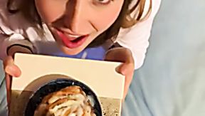 Dirty bitch makes the man cum on a cake and eats it