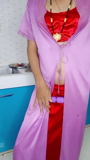 Indian stepmom wearing sexy satin blouse
