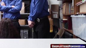 Cum hungry teen servicing two guards taking turns on her mouth
