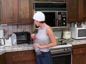 Sexy blonde and big boobs red hair lesbians dildo sucking pussy dildo penetrated in the kitchen