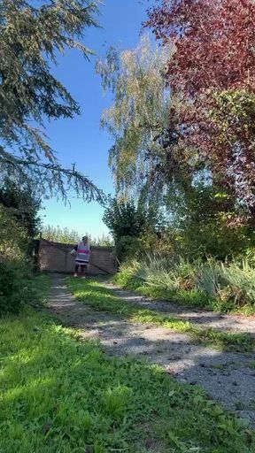 In gardener's clothes after taking a piss shower, a little walk down my driveway