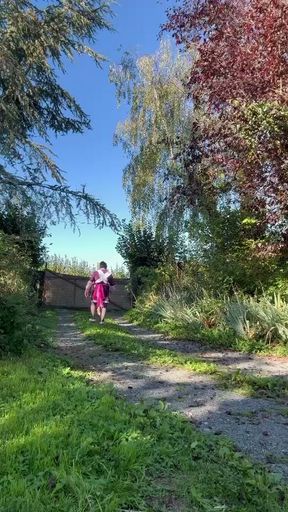 In gardener's clothes after taking a piss shower, a little walk down my driveway