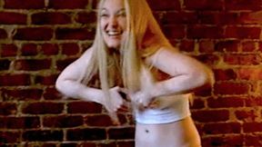 TRAILER TRASH TRIXIE : DANCING OUT OF OVERALLS tease: ENF at PUB in tube top, pink thong + nip slips, arms up, PANTS FALL DOWN : SECOND HALF ONLY * 956p SD wmv