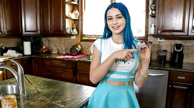 Blue-haired influencer takes on her stepbrother in a forbidden kitchen encounter