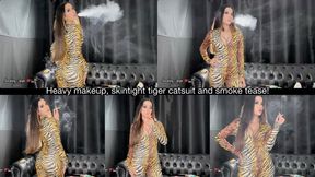 Heavy makeup, skintight tiger catsuit and smoke tease!