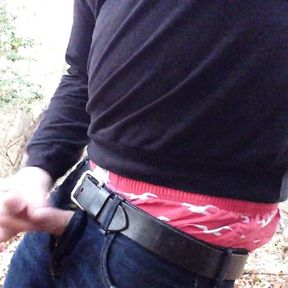 Public wanking in the woods, sagging, jerking and cumming. I jerk off in the woods and cum in my jeans