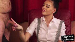 SPH British femdom babe in stockings gives CFNM HJ till