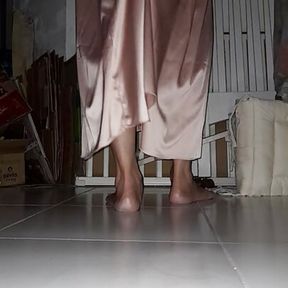 Crossdresser Masturbating Wearing Satin Beach Gown