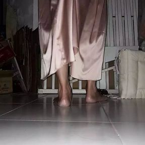 Crossdresser Masturbating Wearing Satin Beach Gown