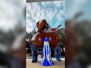 Riding my large blue Sex toy Outside and Squirting all along