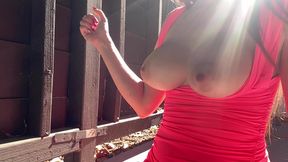 Big Tits Stepmom Making her boobs bounce close up wearing a black bra slo mo