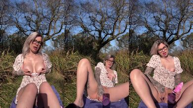 Blonde milf screams loud in the woods with her dildo