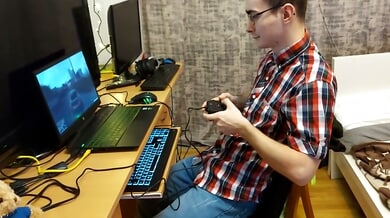 College girl in stockings and glasses takes her nerdy classmate's virginity on camera