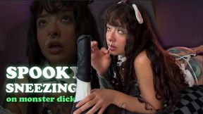 Spooky cowgirl sneezing on a monster cock