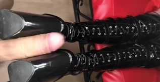 Perfect latex fetish video! Guy fuck my boots and cum all over them!