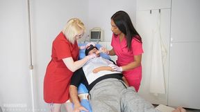 Two Dentists perform deep throat face fucking exam on patient; Doctress Madame Madomme, MahoganyQen