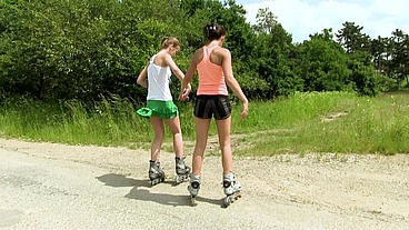 Rollerskating teens take a break to lick each others pussy and dildo fuck