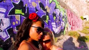 Two curvy babes get freaky dirty in interracial strapon lesbian threesome outdoor adventure