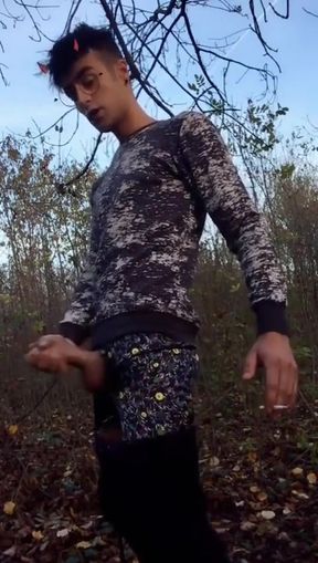 Smoking Through Jerk off Outside with Devil Face Filter and Body Twitching Orgasm