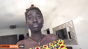 Thick ebony model with big tits fucks in a black bikini during casting