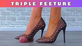 Triple Feeture - Gold Glittery Stilettos, Blue Suede Stilettos and Clear Spikey Stilettos - T1 Slave Cam - Trample CBT Trampling Crushing Crush Standing Ballbusting Shoe Foot Feet Heel Heels Stiletto Fetish