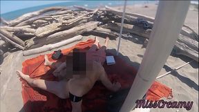 Exhibitionist Teacher Outdoor Amateur Milf Handjob Big Cock on Nudity Beach public in front of voyeur with cum - MissCreamy
