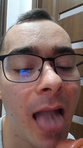 Twink Sucks Stepdaddy's Big Cock and Gets Facial Cum (ejaculating Dildo)