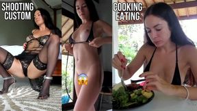 Shooting striptease custom, cooking breakfast & eating in micro bikini - live stream