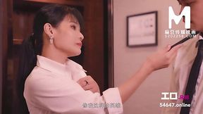 Bossy Chinese MILF seduces young employee and gives him a blowjob in the office