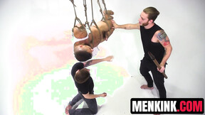 Sexy Jeremy Spreadumz TIED UP & prick stroked by two horny guys