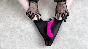 Foot fetish caresses in black nylon socks with my favorite sex toy