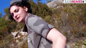 Hot babe rides colleagues bug cock after hiking
