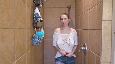 Cute lace shirt choked on her big tits while trying it on