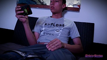 Jerking off my big uncut latino cock watching porn until I shoot a BIG cum load - Jacobo Torres