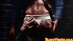 ”Blonde stud in leather jacked eats booty after sucking shaft”