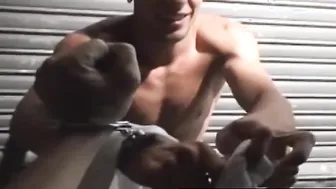 Handcuffed tattooed guy jerks his big dick in POV