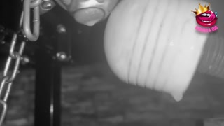 Femdom makes slave cum in chastity cage restrained on the milking table