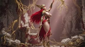 Sensual Throne Routine in Decayed Elphael with Revealing Armor and Provocative Poses
