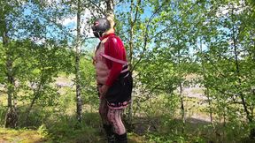 Fat sissy slut tied up outdoors