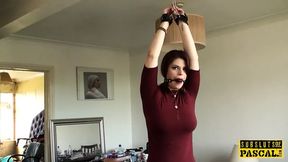 Busty redhead gets clamped and facefucked