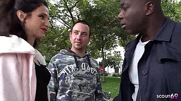 Skinny Girlfriend get Asshole Fucked by Big Black Cock while Cuckold Friend helps