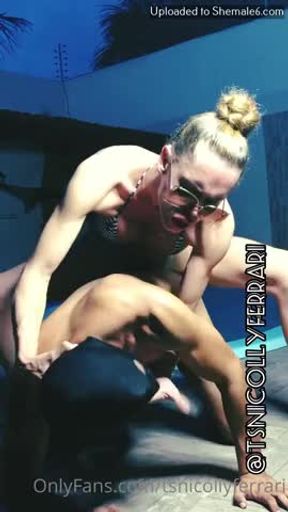 A mature ts enjoying the holiday besid the pool with a guy