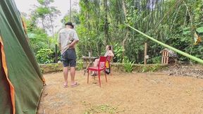 The girl at the campsite agreed to give a blowjob and ride hard.