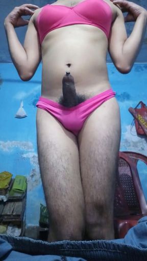 Horny Indian Teen Boy with Phimosis Dick While Wearing His StepSister&#039;s Pink Bra and Thong Panties